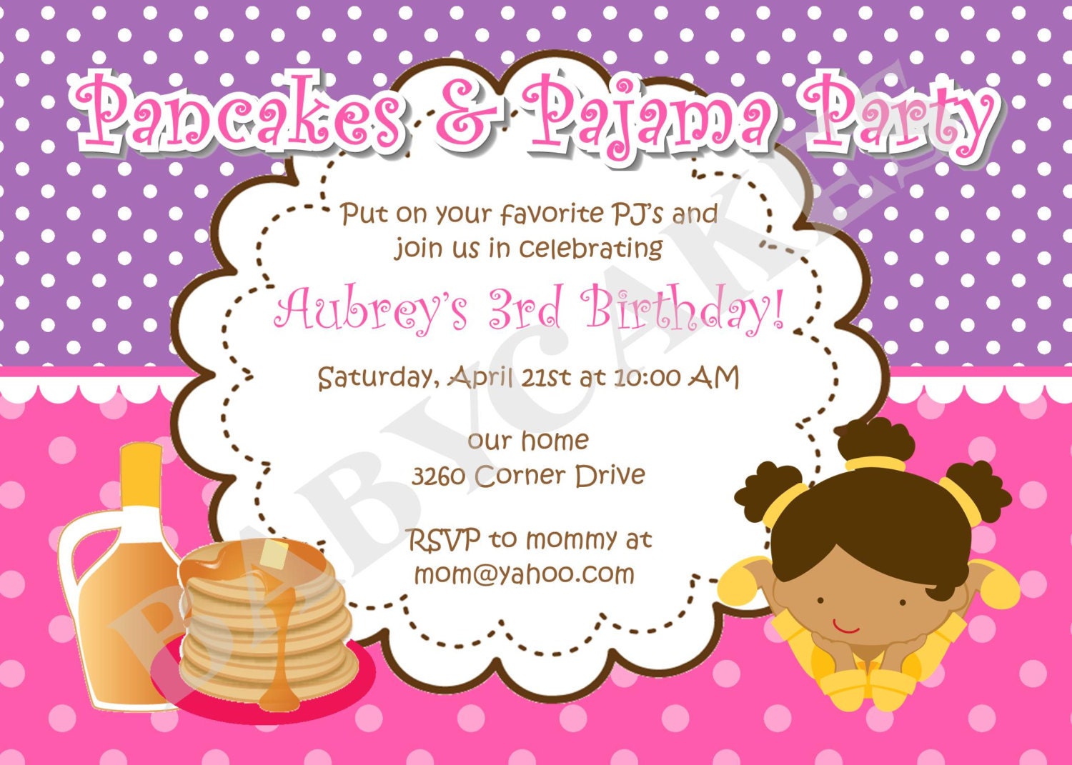 Pancakes and pajama Party Birthday Invitation - DIY Print Your Own - Choose Your Girl - Matching party printables available