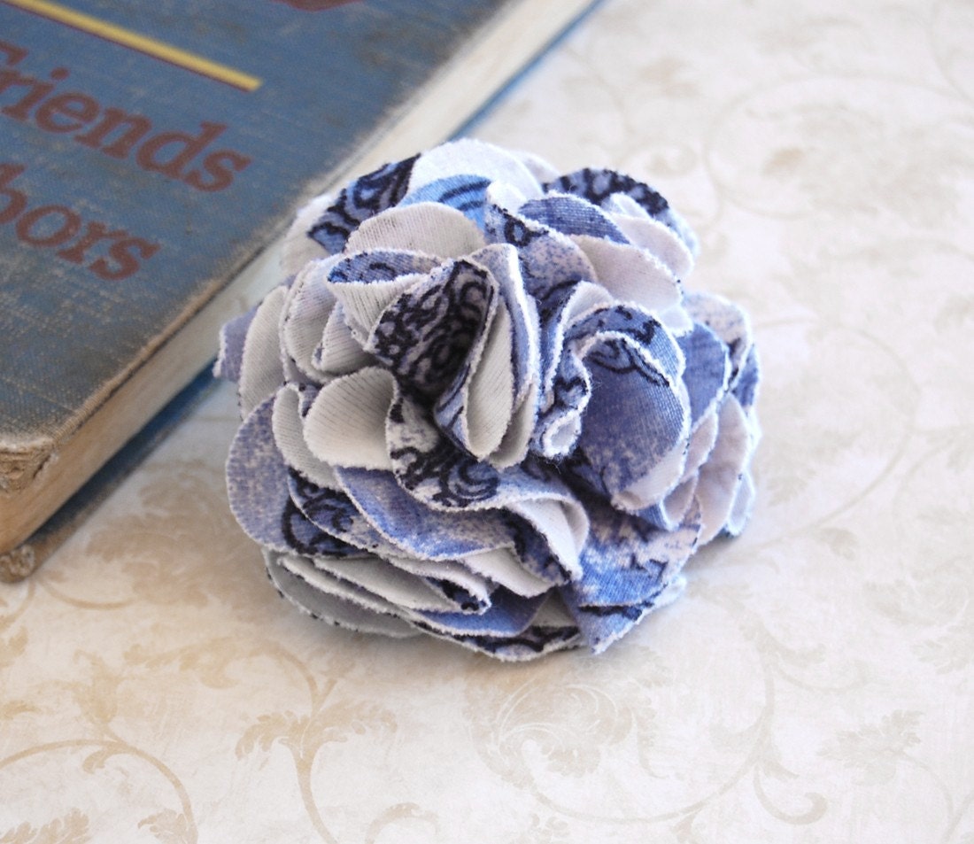Blue Carnation Flower Brooch - Repurposed Tshirt