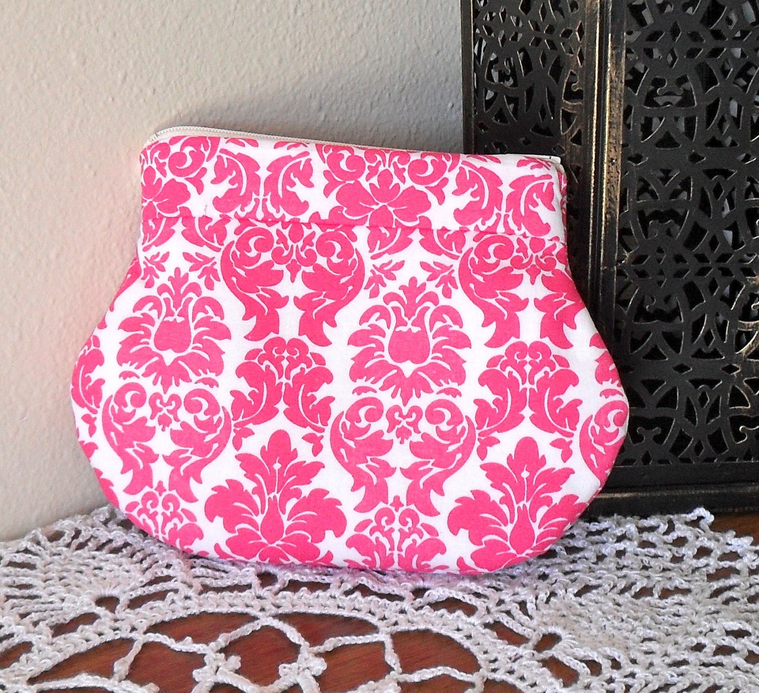 Pink and White Damask Zipper Pouch