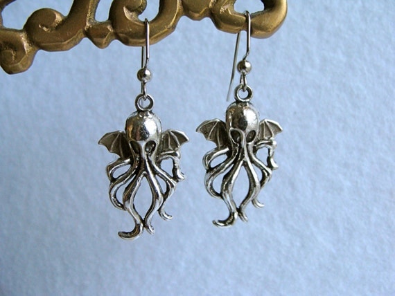 Cthulhu earrings, antiqued silver