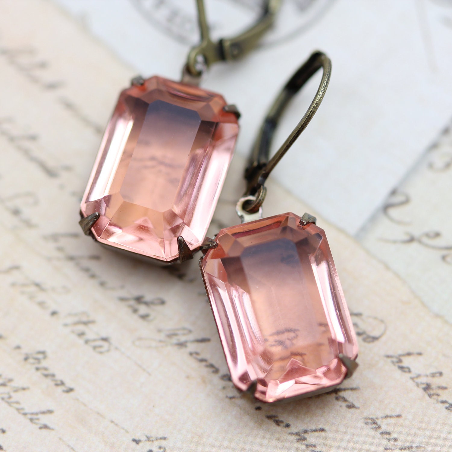 Antique Earrings - Pink Peach Octagon Antique Rhinestone Bridesmaids Bridal Vintage Glass Pink Earrings Clip Ons Available