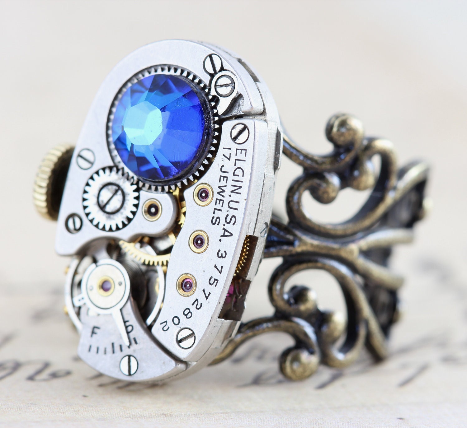 Steampunk Ring Jewelry - Blue Brass Silver - Steam punk - Elgin Clockwork - Swarovski Crystal