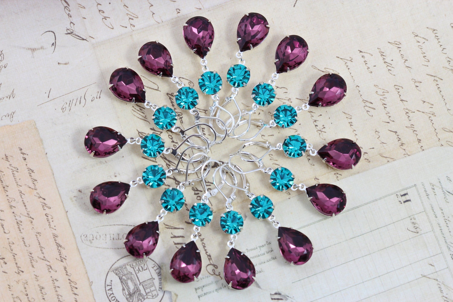 Bridesmaids Jewelry Silver Peacock Wedding Earrings Purple Amethyst Teal 6 Pairs Bridesmaids Jewelry Vintage Earrings - Clip ons avail