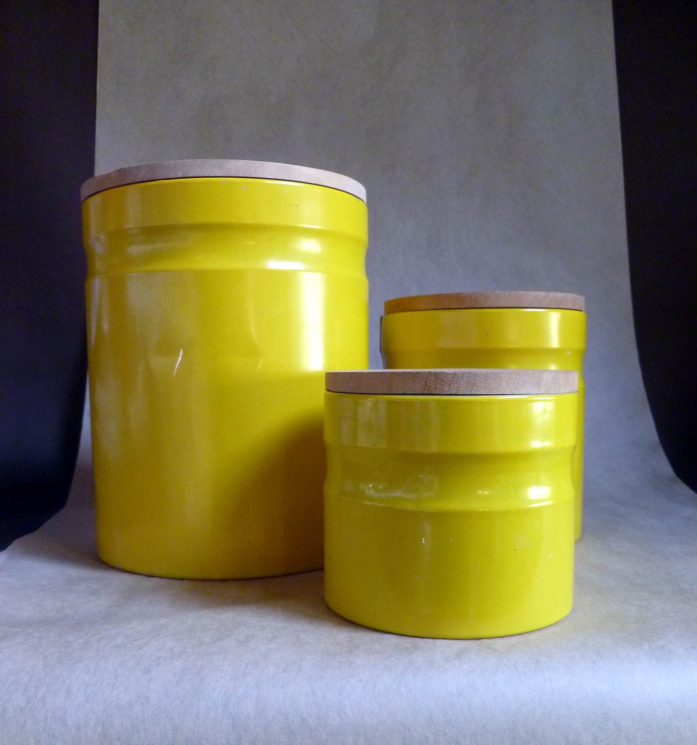 Danish Modern Canister Set, Bright yellow metal with Wood lids