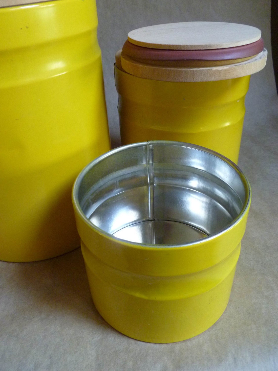 Danish Modern Canister Set, Bright yellow metal with Wood lids