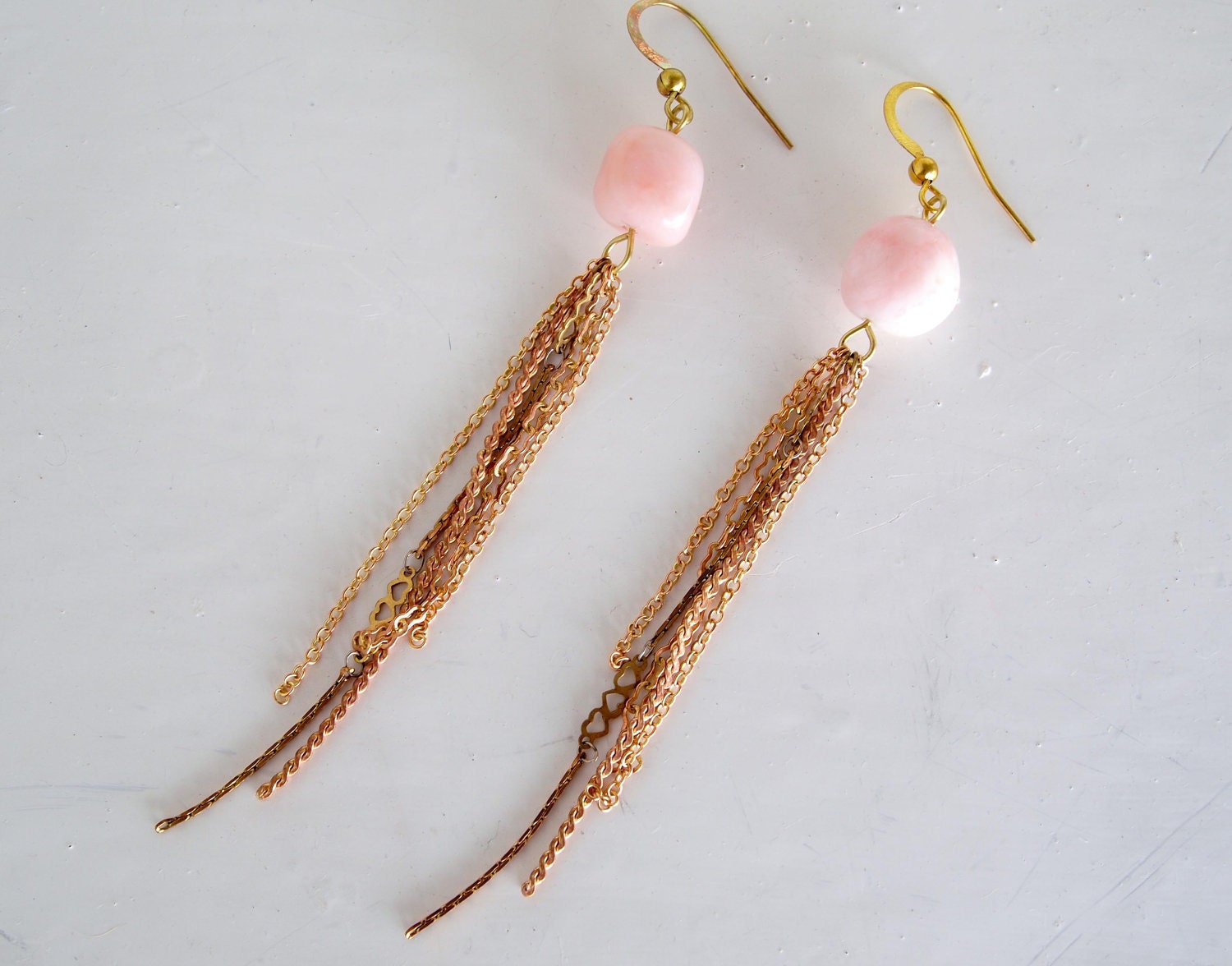 Varda - pink opal stone with long fringe vintage chian earrings