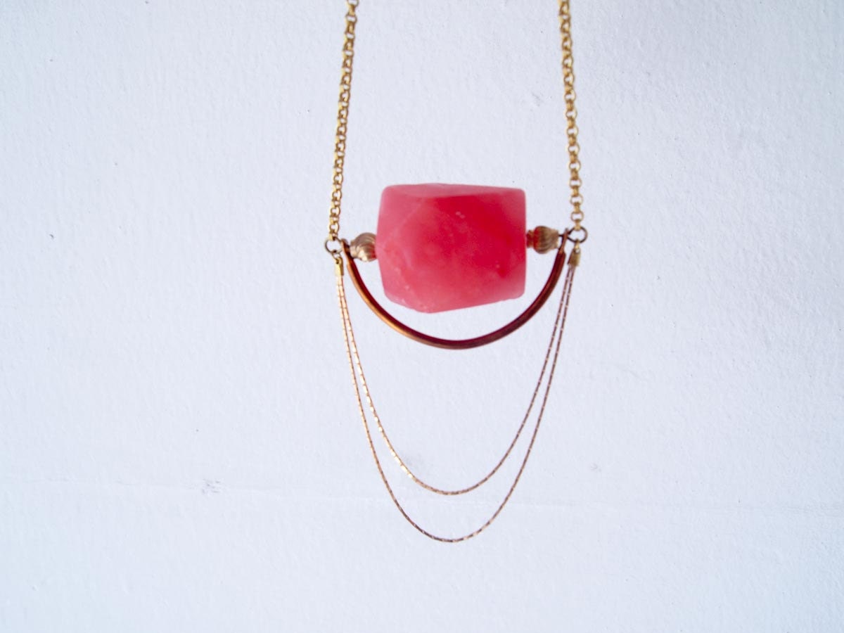 Rose - large watermelon quartz geometric nugget long draped necklace