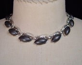Vintage Womens Necklace 1950s Black Lucite Oval Cabochon Silver Choker Mid Century Jewelry
