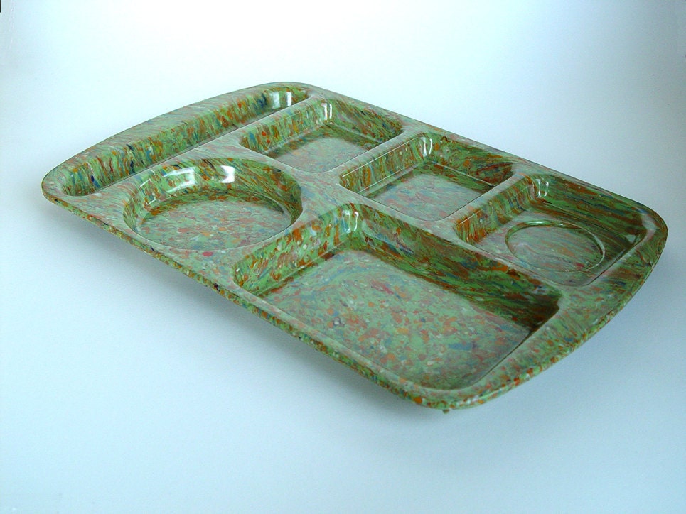 School Lunch Tray TV Tray Vintage Prolon Ware Melamine Confetti Olive Green Orange Blue Divided Portion Mid Century Plastic Dinnerware