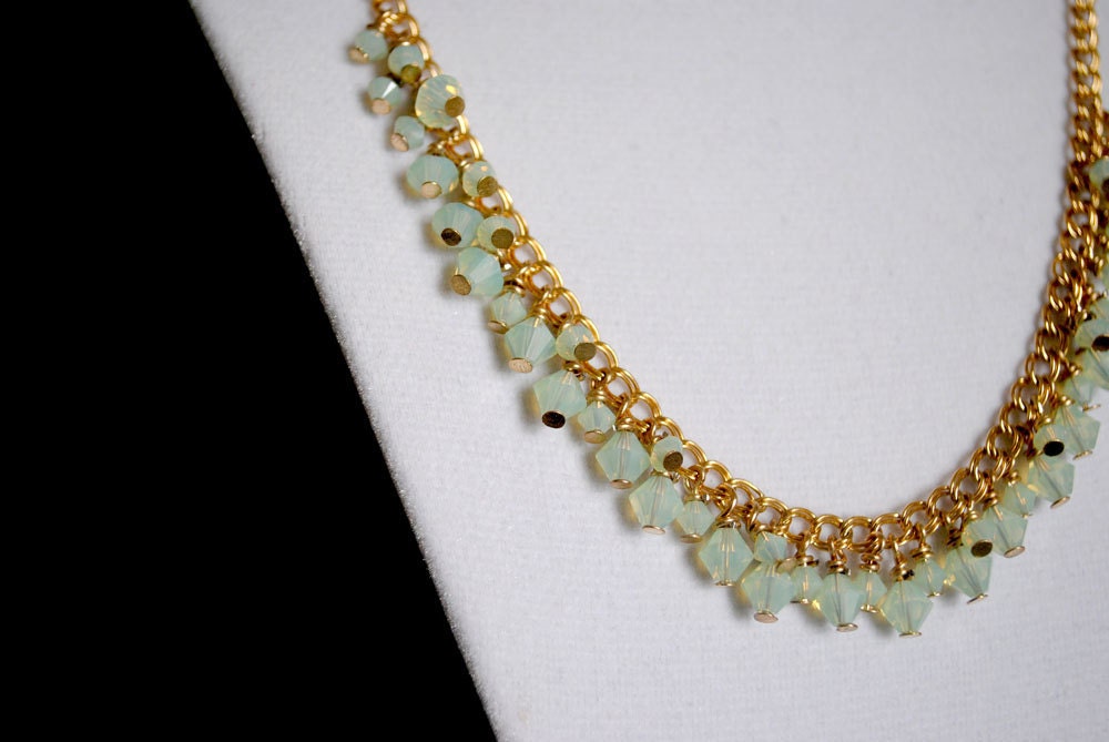 Necklace - Green Opal Swarovski Crystal  on a Gold Chain -