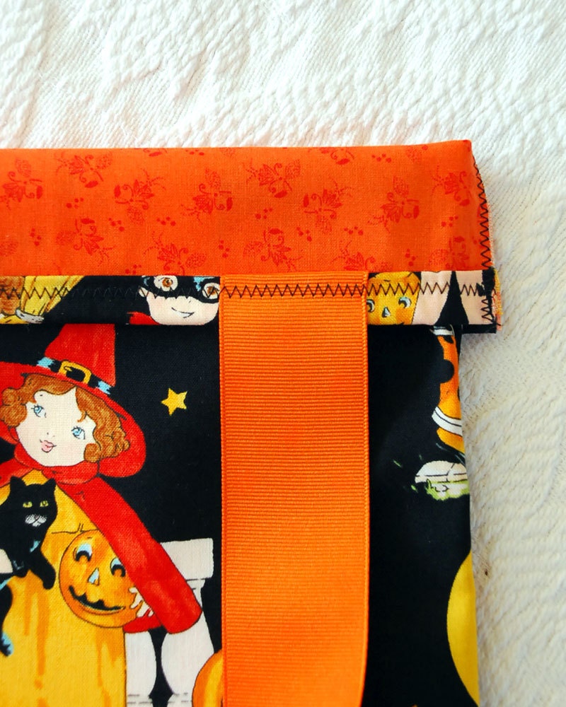 Halloween Trick or Treat Tote Bag in Vintage Children's Retro Black and Orange Cotton Print