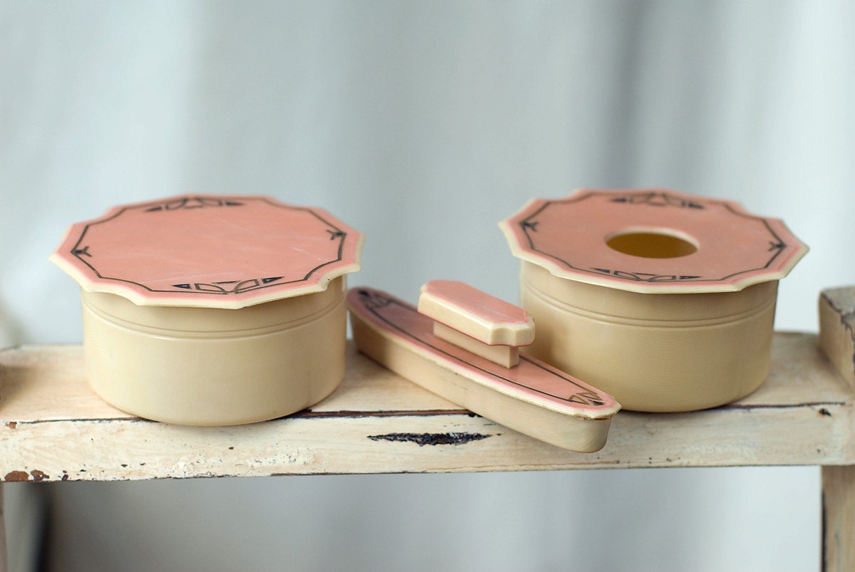 Vintage Pink Celluloid Dresser or Vanity Set
