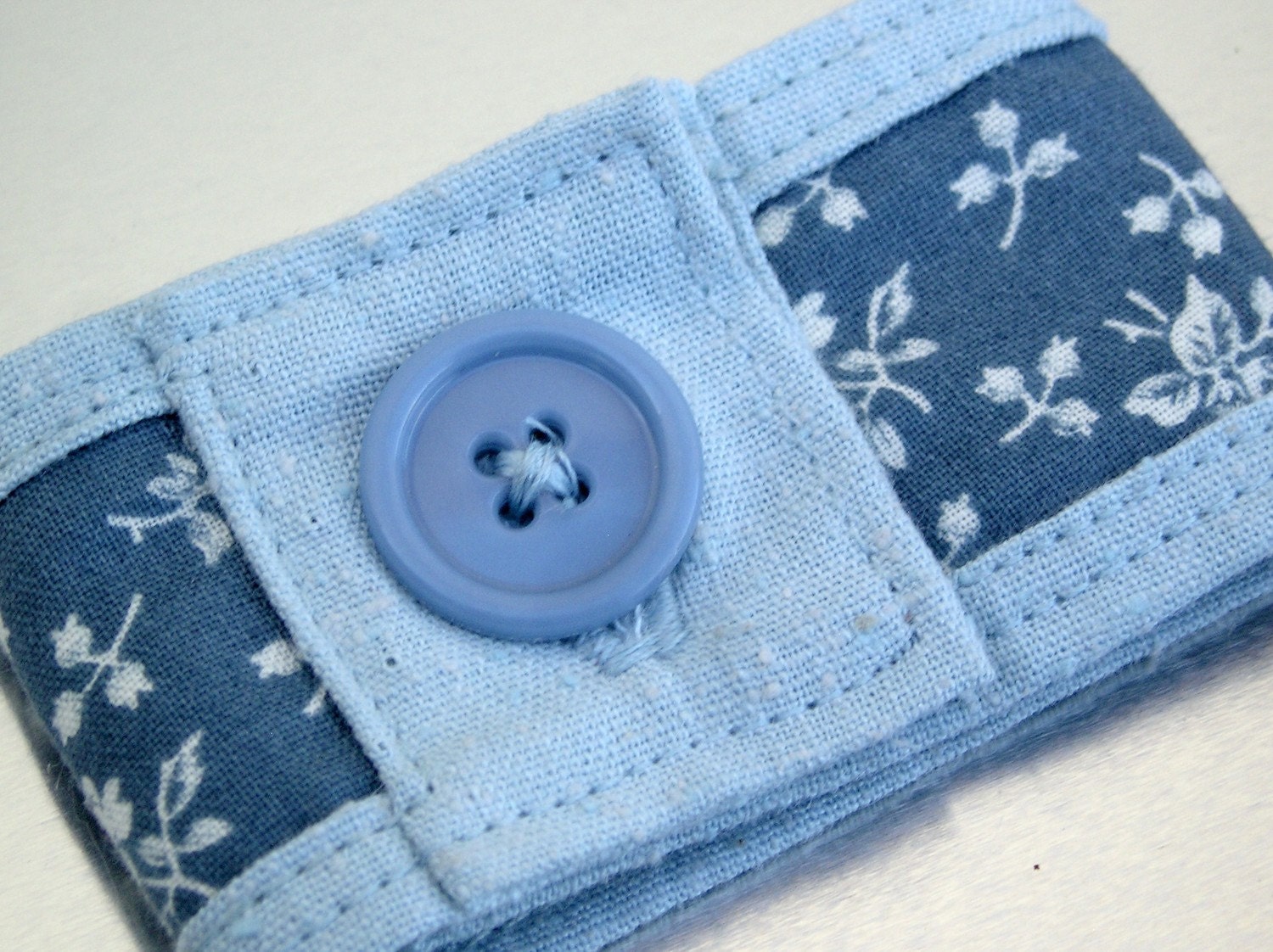 Blue Fabric Cuff with Button and Vintage Patterned Material