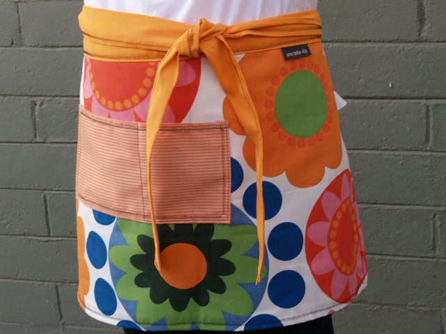 Fall Flowers Apron, orange, pink ,royal blue. long ties, heavy canvas, Large size apron