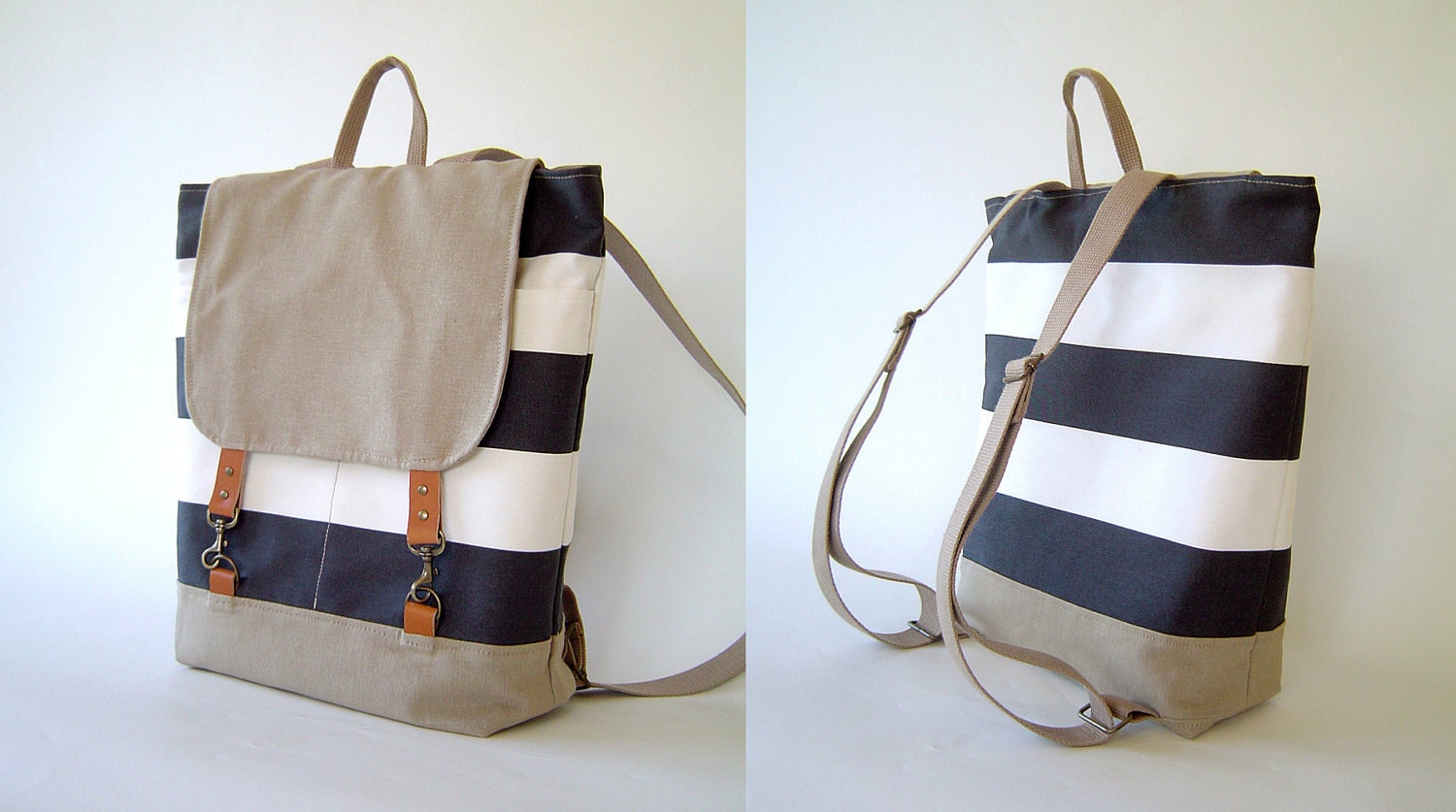 LAST ONE -Light Navy Stripe and Beige Backpack, Unique Design of BagyBag