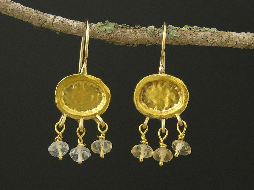 24k Gold Earrings with Dangled Citrine Beads