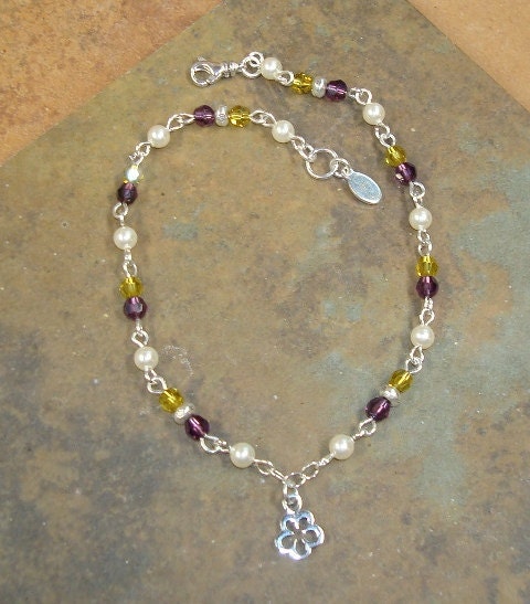 Crystal and Pearl Apple Blossom Silver Charm Anklet