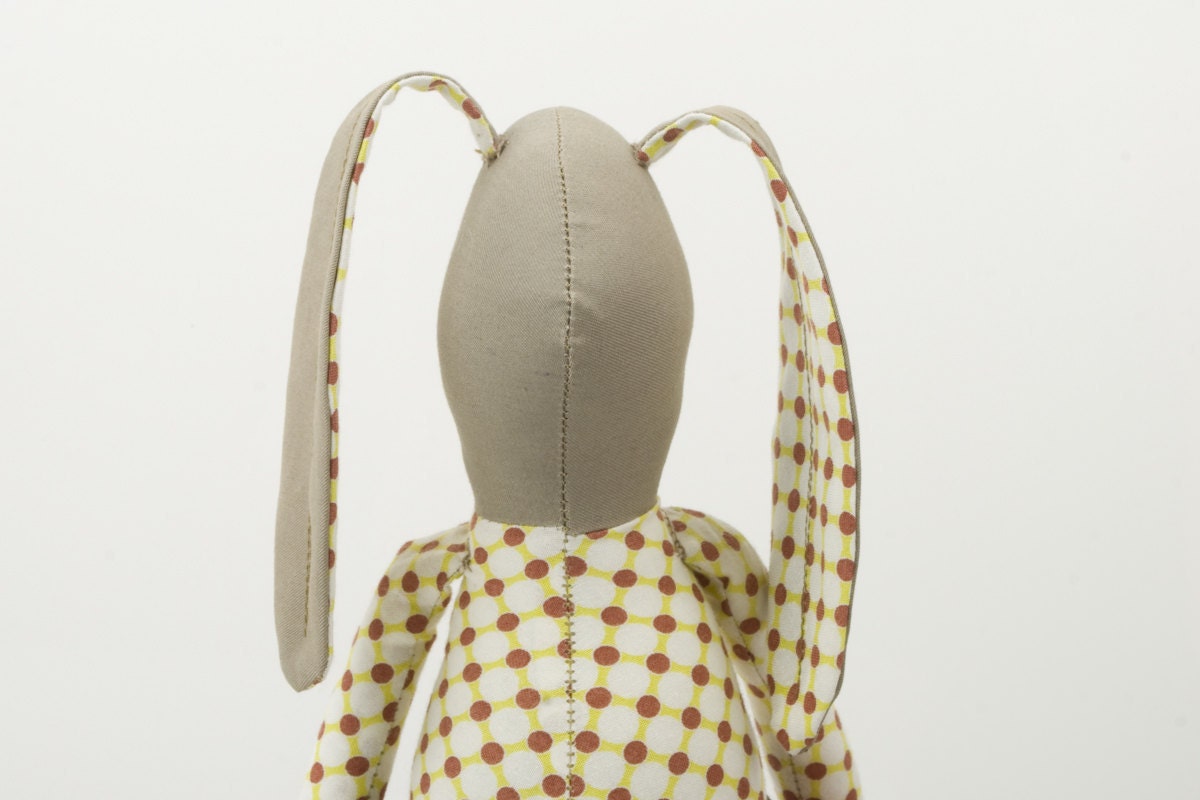 Easter Bunny - Plush Beige rabbit   Wearing a Retro shirt with dots And brown corduroy pants  - handmade fabric doll