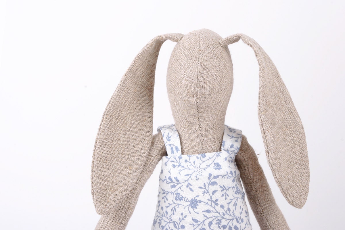 bunny-Natural Canvas rabbit doll in Bright colors Wearing Blue and White Floral dress -handmade fabric doll