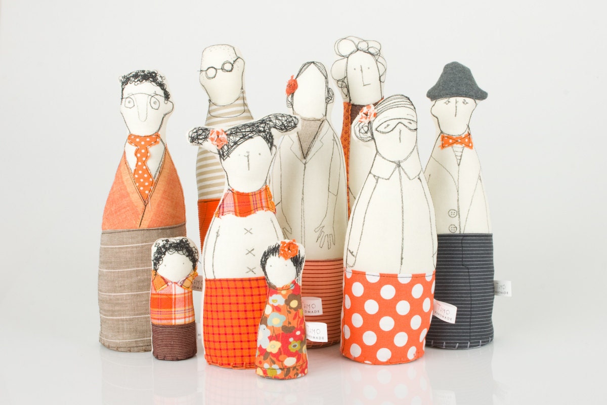 Family , ooak , art doll -  grandparents, parents ,uncle  and and children dressed in Orange and beige  , stripes   and polka dots -handmade
