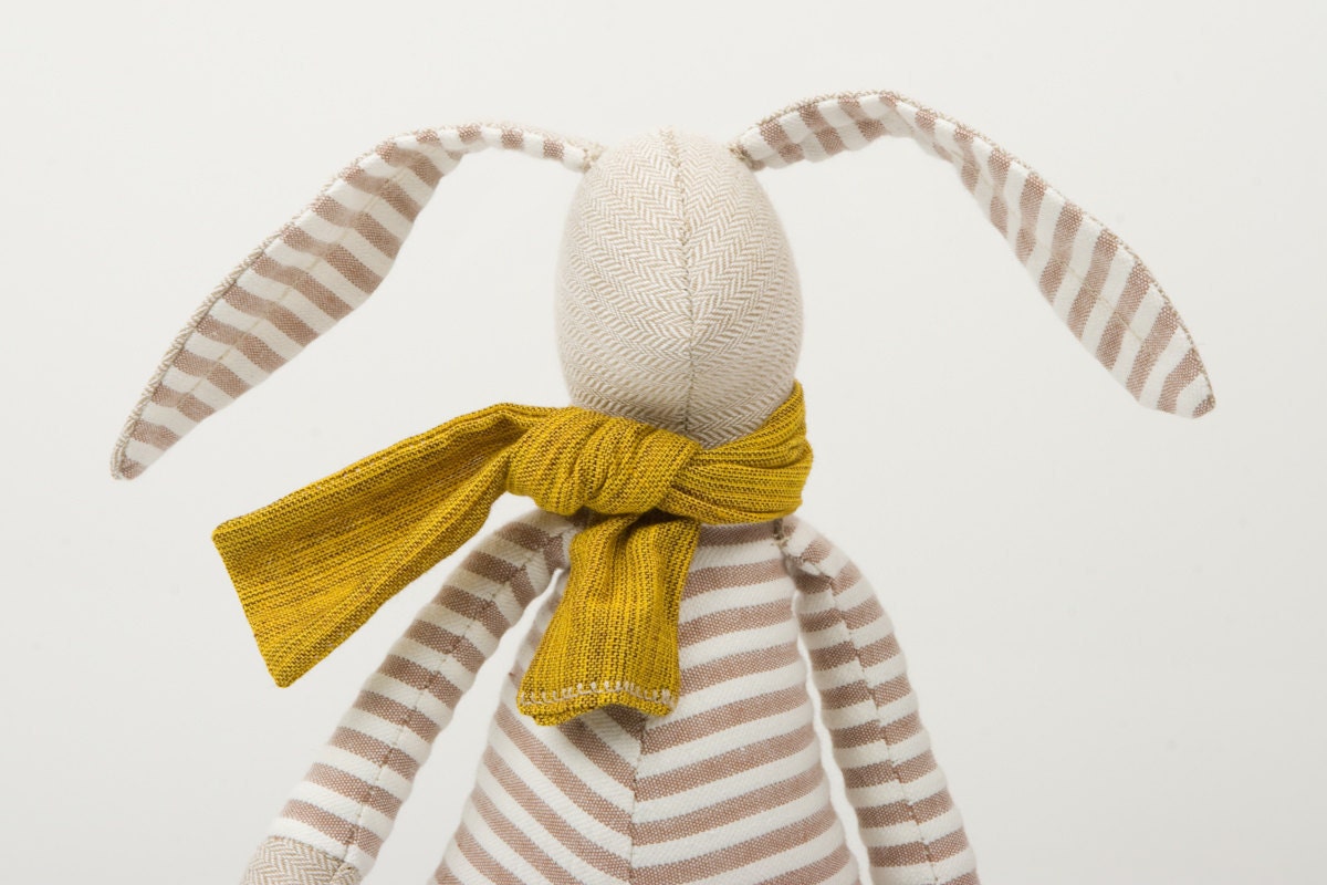 Little Easter bunny , dressed for spring in beige striped shirt and mustard scarf - handmade fabric doll