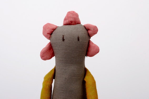 Spring Limited Edition - Flower Doll in Pink, mustard yellow, brown, gray , Dotted and striped handmade doll