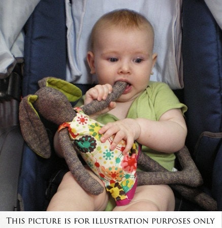 Easter Bunny - Light Natural canvas rabbit- dressed in light blue dress With floral-print handmade fabric doll