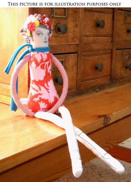 Romantic Lady Doll with Vintage buttons and beads Wearing white floral dress White and pale green- handmade fabric doll