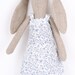 bunny-Natural Canvas rabbit doll in Bright colors Wearing Blue and White Floral dress -handmade fabric doll