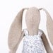 bunny-Natural Canvas rabbit doll in Bright colors Wearing Blue and White Floral dress -handmade fabric doll