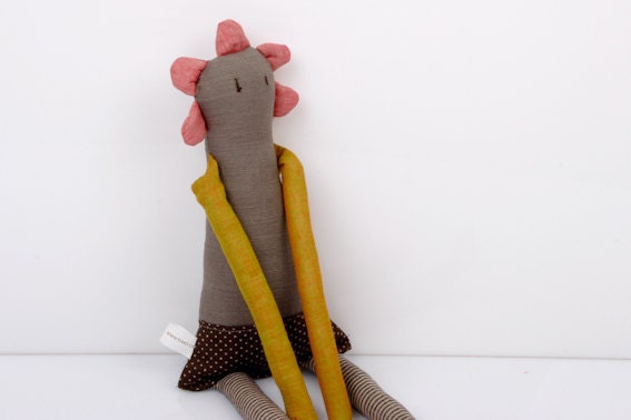 Spring Limited Edition - Flower Doll in Pink, mustard yellow, brown, gray , Dotted and striped handmade doll
