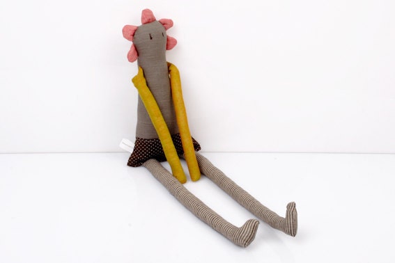 Spring Limited Edition - Flower Doll in Pink, mustard yellow, brown, gray , Dotted and striped handmade doll