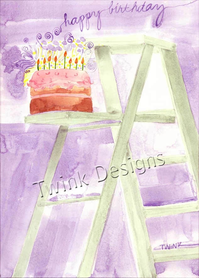 Ladder Cake card is a birthday card ,watercolor of a ladder on the front with a cake with candles lit on top. OB180  4 5/8 X 6 3/8