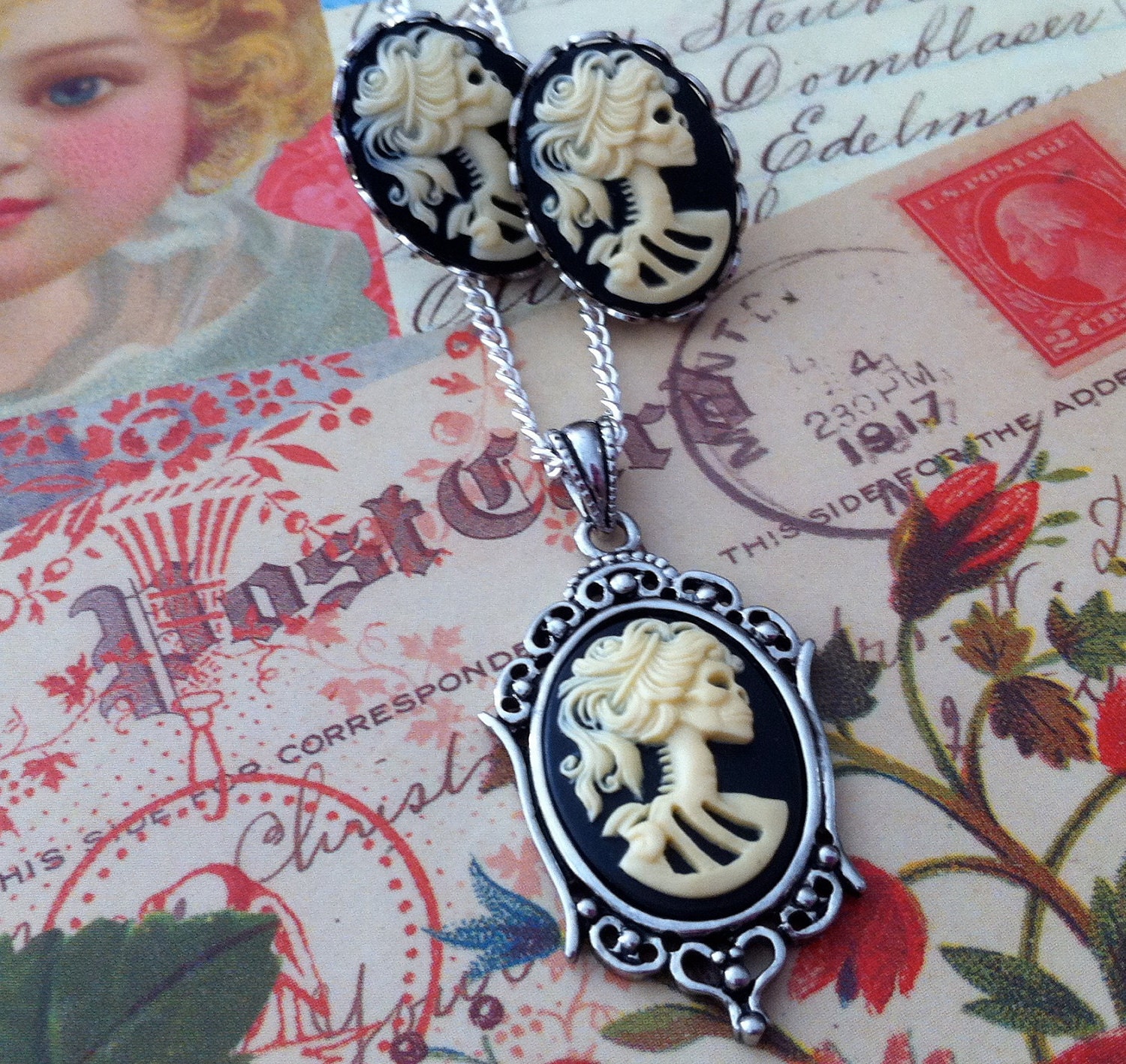 Skeleton Cameo Necklace Earrings Set - Small Lolita Goddess Ivory Black Cameo - Victorian Zombie