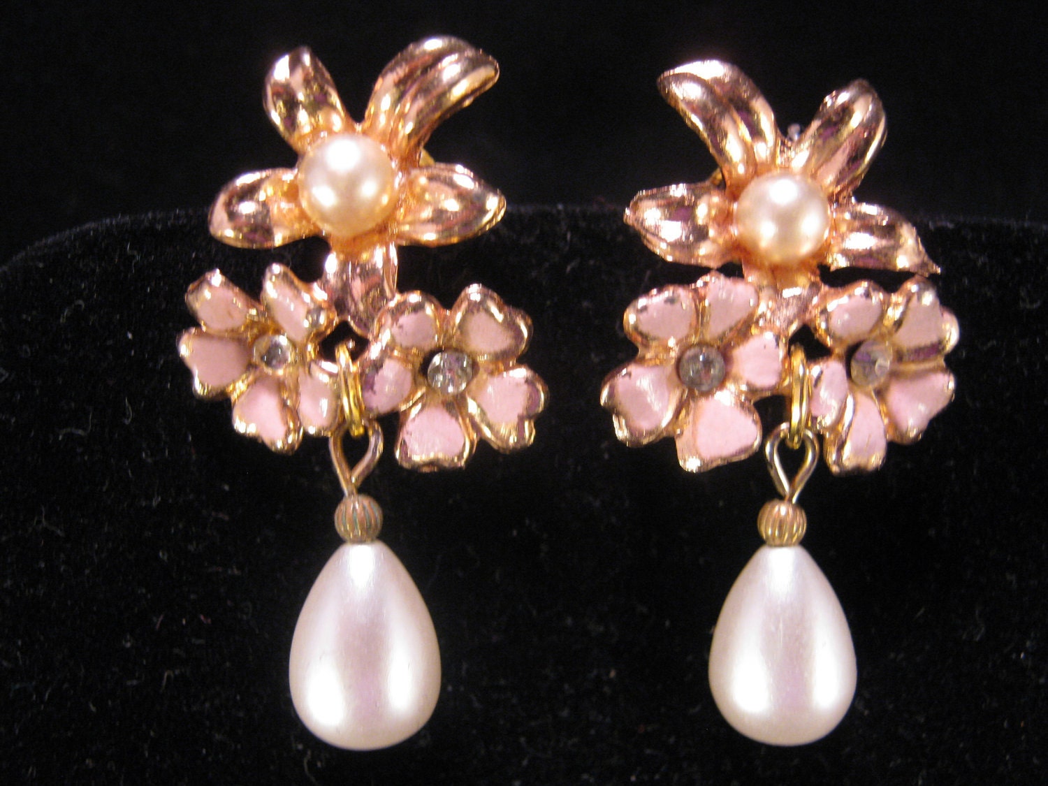 Reclaimed Vintage Earrings, Bridesmaid Gift, Statement Earrings, Under 25, Vintage Enamel Flowers, Pearl Teardrop - Miss Behaving