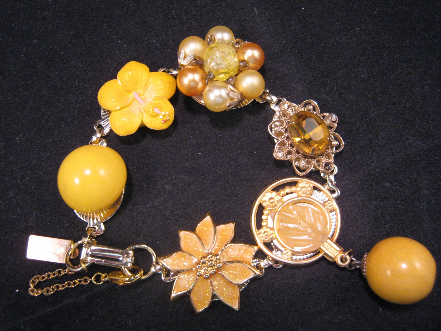 Reclaimed Vintage Bracelet, Bridesmaid Gift, Vintage Earring Bracelet, Statement Assemblage,Under 40, Wedding Bracelet - Marigold