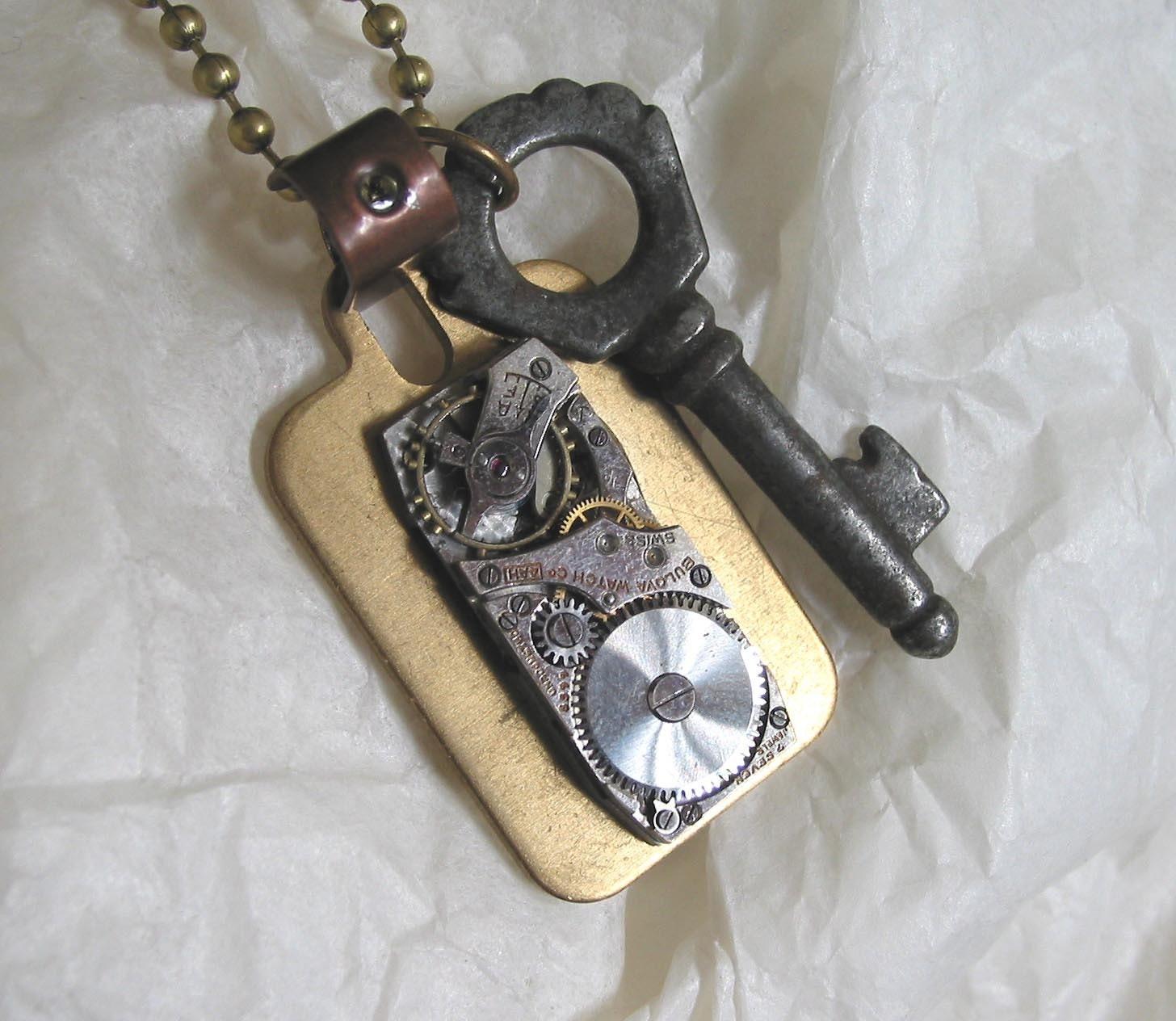 Steampunk Brass Tag Necklace with Vintage Key