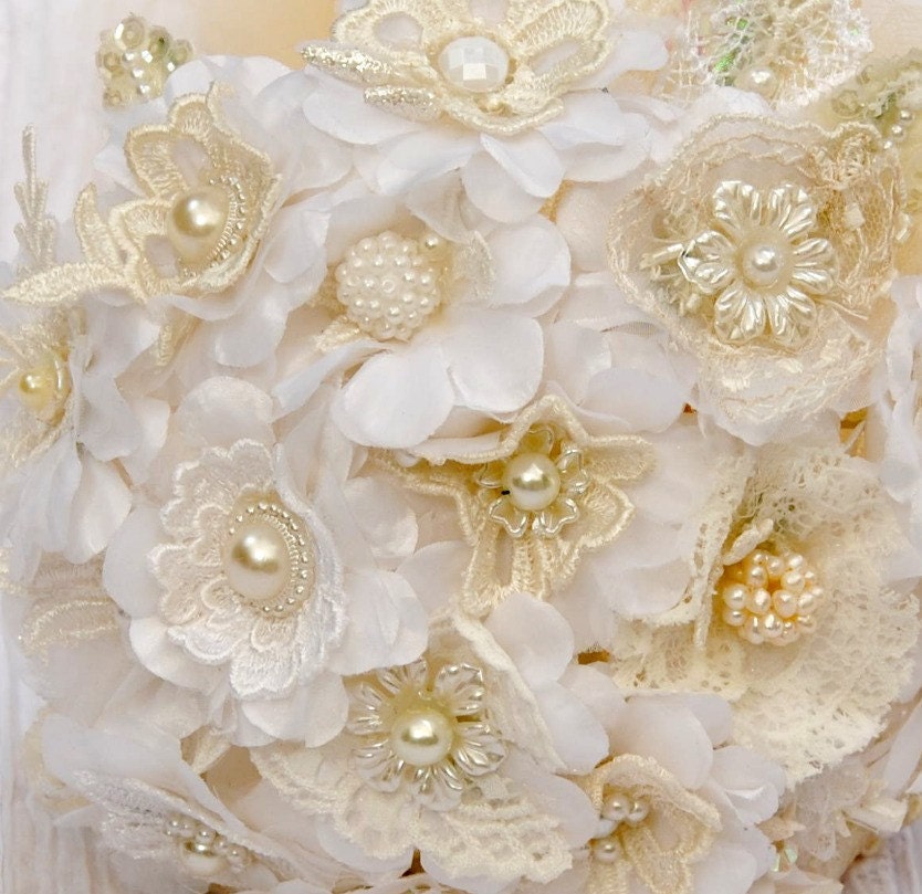 Fabric Bridal Bouquet Vintage Lace Pearls Flowers, Wedding Lace Bouquet