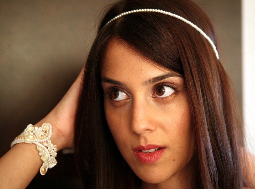 Beaded Pearls Bracelet  Vintage Lace Beaded Cuff -  Wedding Cuff Hand Embroidered  - DAFNA