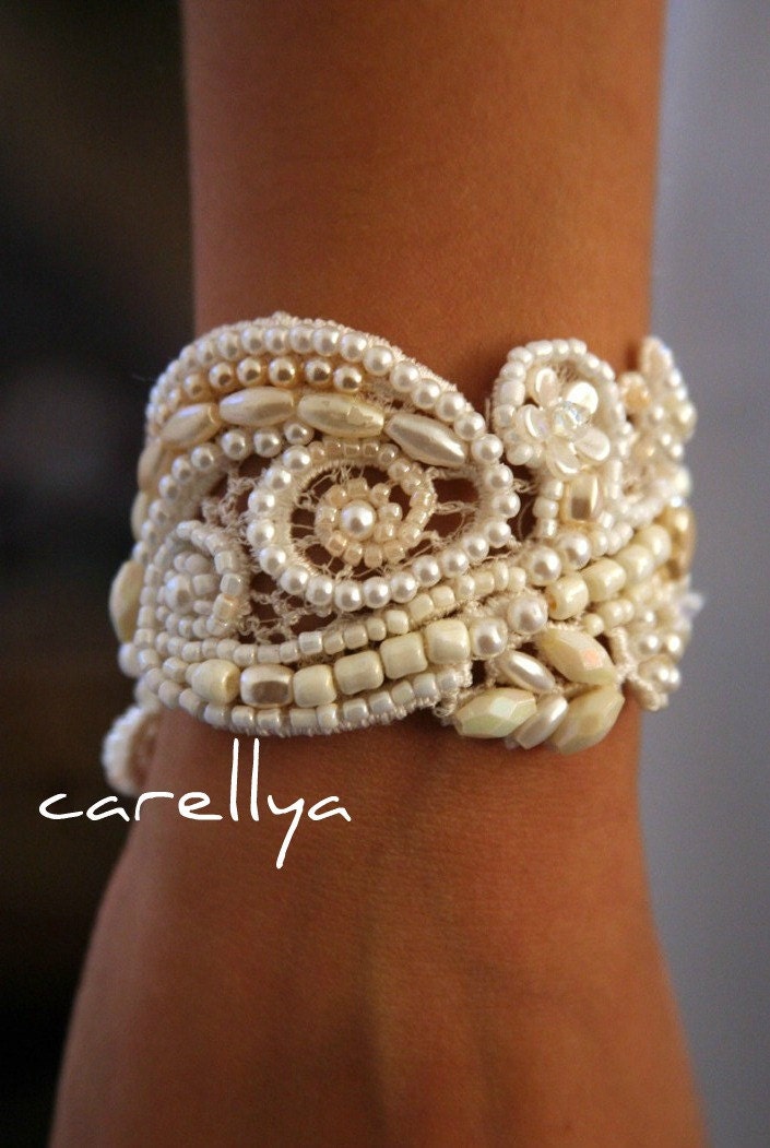 Beaded Pearls Bracelet  Vintage Lace Beaded Cuff -  Wedding Cuff Hand Embroidered  - DAFNA