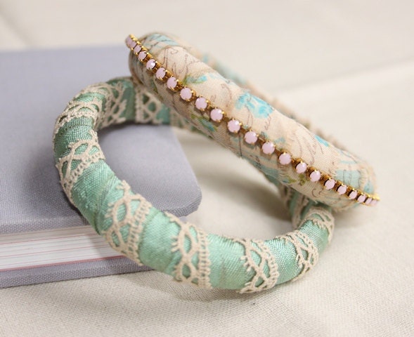 Pretty Vintage Style Ribbon Wrapped Bangles, french ribbon, vintage lace, gift for her, bridesmaids bangles, shabby chic bangles