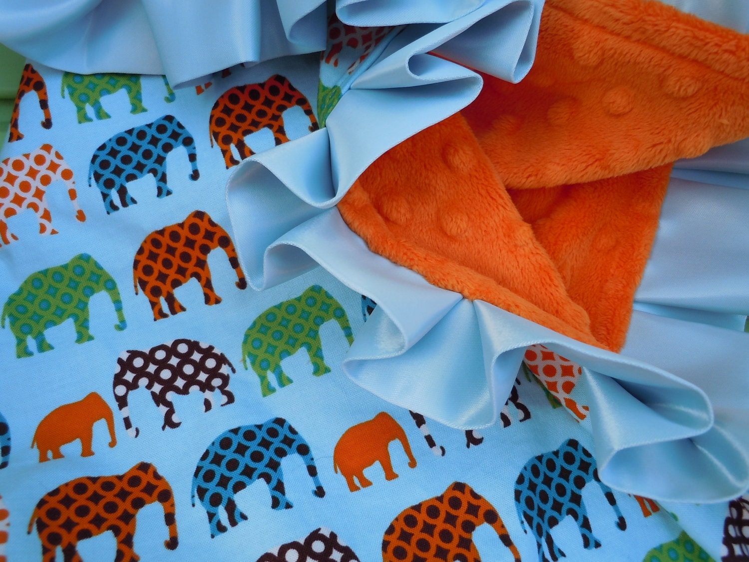 Urban Circus Blue Elephants Minky Binky with satin ruffle