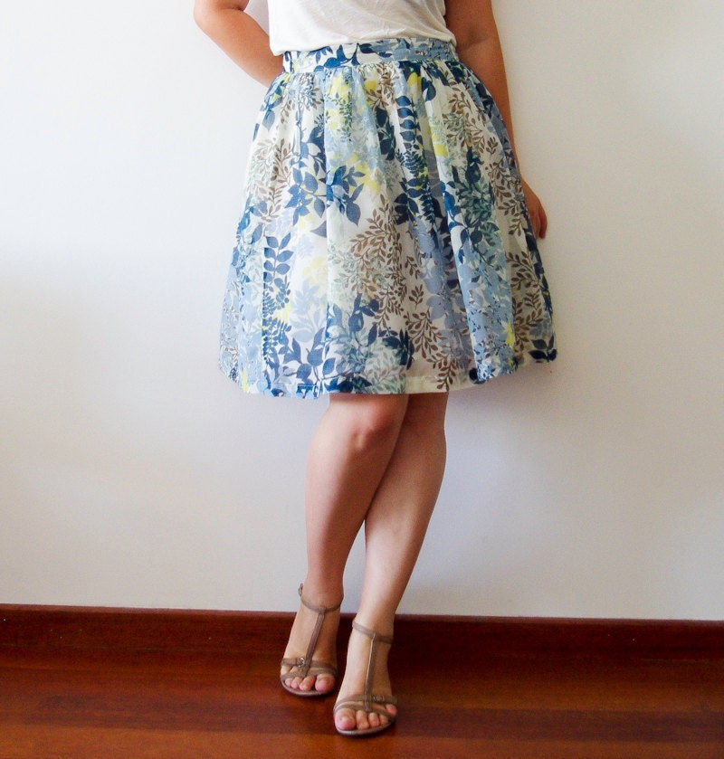 Floral skirt, summer skirt - blue leaves , so delicate
