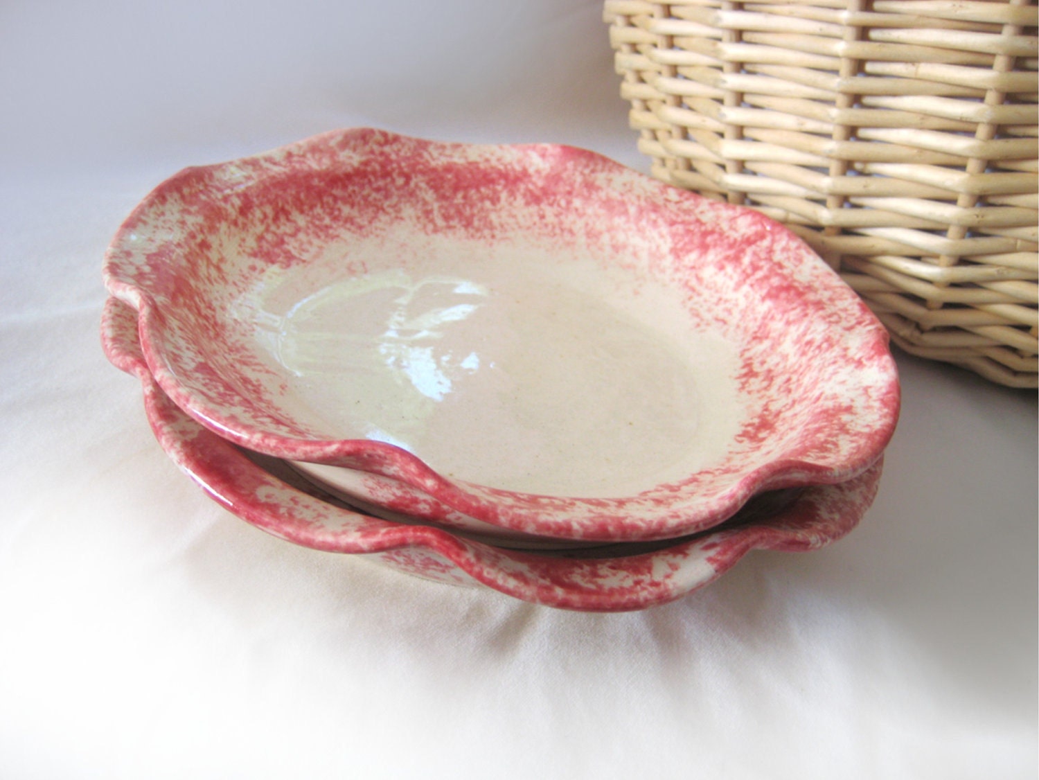 2 Scalloped Party Plates - Set of Two Handmade Pottery Serving Platters Sponge Art Red Ivory