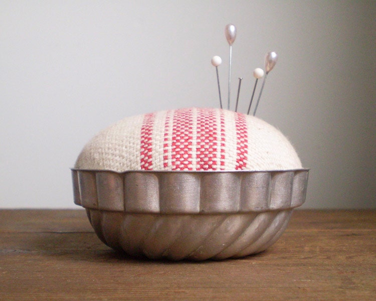 Jello Mold Pincushion - Rustic Cotton Red Stripe