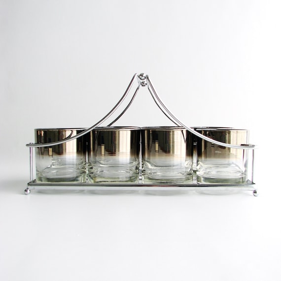 RESERVED. Vintage Silver Ombre Cocktail Glasses in Chrome Caddy. Set of 8. Circa 1960s.