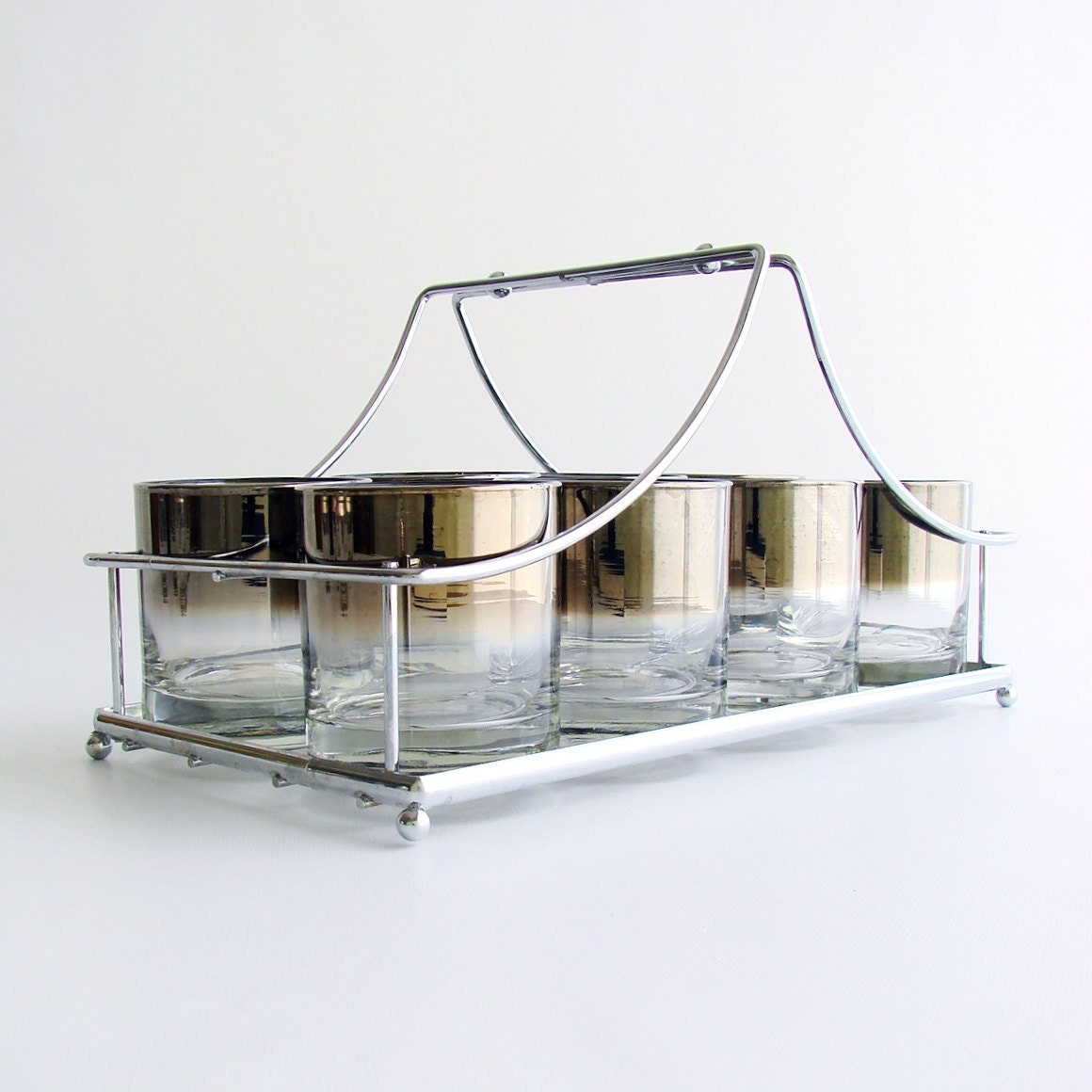 RESERVED. Vintage Silver Ombre Cocktail Glasses in Chrome Caddy. Set of 8. Circa 1960s.