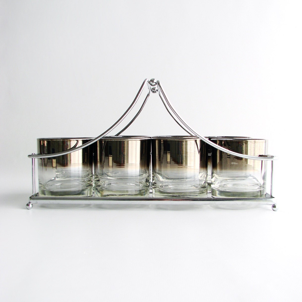 RESERVED. Vintage Silver Ombre Cocktail Glasses in Chrome Caddy. Set of 8. Circa 1960s.