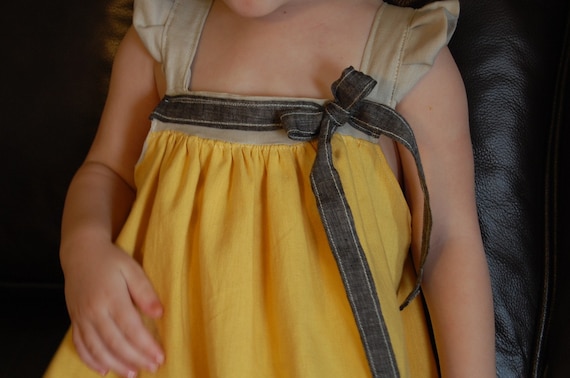 RESERVED Baby Girl Dress  in Yellow Cotton/Gray Linen  12 mo 2T 3T