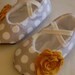 Baby Girl Shoes in Gray/White Polkadot Cotton and Mustard Yellow Felt Flower